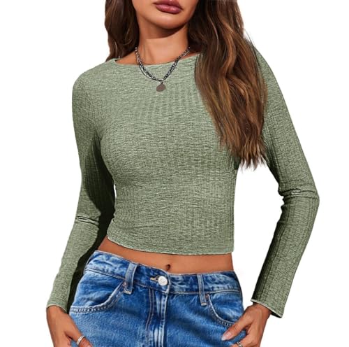 Imily Bela Damen Gerippt Langarmshirt Slim Fit mit U-Boot Ausschnitt Stretch T-Shirt Einfarbig Basic Oberteile(Hellgrün,M) von Imily Bela
