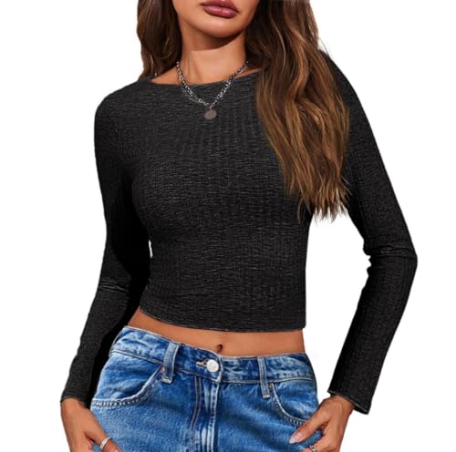 Imily Bela Damen Gerippt Langarmshirt Slim Fit mit U-Boot Ausschnitt Stretch T-Shirt Einfarbig Basic Oberteile(Schwarz,S) von Imily Bela