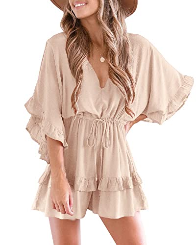 Imily Bela Damen Jumpsuit V Ausschnitt Fledermausärmel Strandkleid mit Kordelzug Sommer Lose Romper(Aprikose, L) von Imily Bela