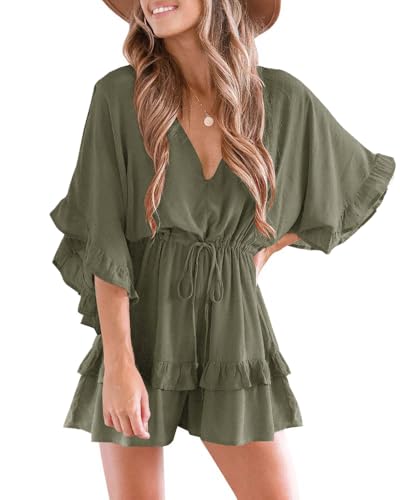 Imily Bela Damen Jumpsuit V Ausschnitt Fledermausärmel Strandkleid mit Kordelzug Sommer Lose Romper(Armeegrün, L) von Imily Bela