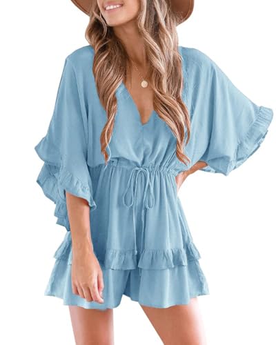 Imily Bela Damen Jumpsuit V Ausschnitt Fledermausärmel Strandkleid mit Kordelzug Sommer Lose Romper(Blau, M) von Imily Bela