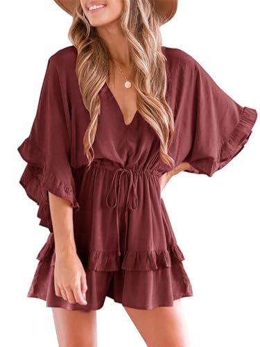 Imily Bela Damen Jumpsuit V Ausschnitt Fledermausärmel Strandkleid mit Kordelzug Sommer Lose Romper von Imily Bela