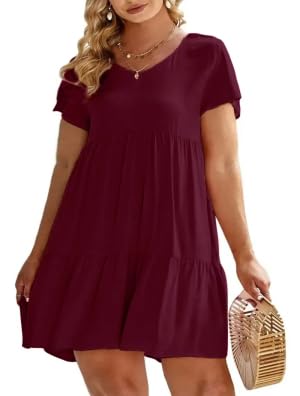 Imily Bela Damen Kleid Bohemian Kleid Kurze Ärmel Vintage Kleid Lose Casual Swing Kleid Sommerkleid Burgunderrot 4XL von Imily Bela