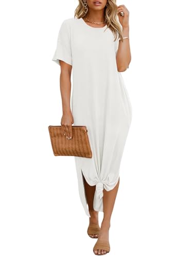 Imily Bela Damen Kleider Rundhals Sommerkleider Kurzarm Side Schlitz Maxikleid Lose Tshirt Kleid Freizeitkleid mit Taschen(Weiß, M) von Imily Bela