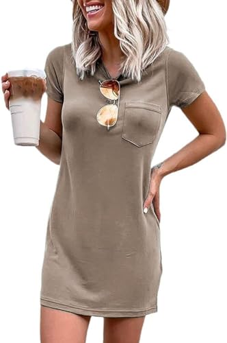 Imily Bela Damen Kleider Sommer Kurzarm T Shirt Kleider Rundhals Mini Freizeitkleider Basic mit Taschen(Braun,M) von Imily Bela