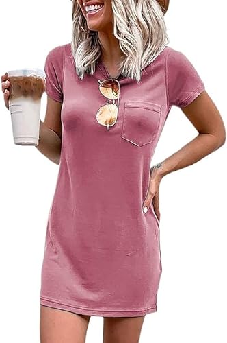 Imily Bela Damen Kleider Sommer Kurzarm T Shirt Kleider Rundhals Mini Freizeitkleider Basic mit Taschen(Rot,S) von Imily Bela