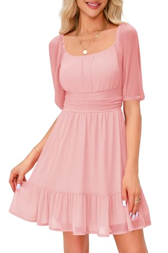 Imily Bela Damen Kleider Square Neck Partykleid Mesh Minikleid High Waist Falten Langarmkleid Hochzeitsgast mit Rüschen(1-Rosa, XL) von Imily Bela
