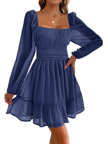 Imily Bela Damen Kleider Square Neck Partykleid Mesh Minikleid High Waist Falten Langarmkleid Hochzeitsgast mit Rüschen(Dunkelblau, XL) von Imily Bela