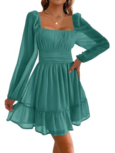 Imily Bela Damen Kleider Square Neck Partykleid Mesh Minikleid High Waist Falten Langarmkleid Hochzeitsgast mit Rüschen(Grün, M) von Imily Bela