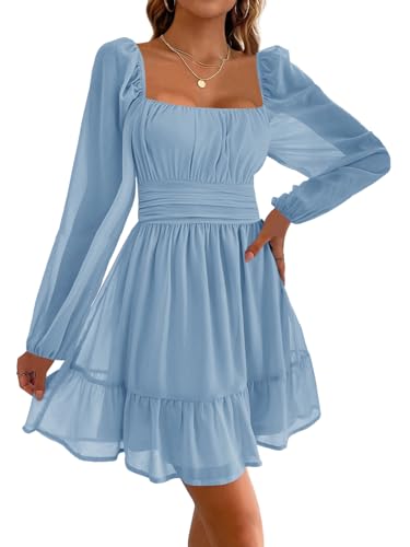 Imily Bela Damen Kleider Square Neck Partykleid Mesh Minikleid High Waist Falten Langarmkleid Hochzeitsgast mit Rüschen(Hellblau, M) von Imily Bela