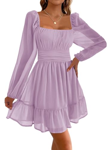 Imily Bela Damen Kleider Square Neck Partykleid Mesh Minikleid High Waist Falten Langarmkleid Hochzeitsgast mit Rüschen(Lila, L) von Imily Bela