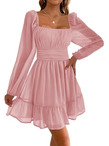 Imily Bela Damen Kleider Square Neck Partykleid Mesh Minikleid High Waist Falten Langarmkleid Hochzeitsgast mit Rüschen(Rosa, L) von Imily Bela