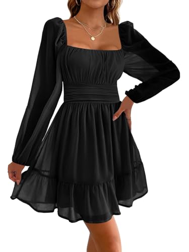 Imily Bela Damen Kleider Square Neck Partykleid Mesh Minikleid High Waist Falten Langarmkleid Hochzeitsgast mit Rüschen(Schwarz, M) von Imily Bela
