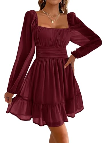 Imily Bela Damen Kleider Square Neck Partykleid Mesh Minikleid High Waist Falten Langarmkleid Hochzeitsgast mit Rüschen(Weinrot, S) von Imily Bela