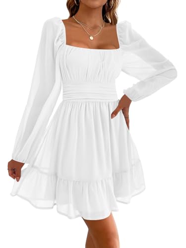 Imily Bela Damen Kleider Square Neck Partykleid Mesh Minikleid High Waist Falten Langarmkleid Hochzeitsgast mit Rüschen(Weiß, M) von Imily Bela