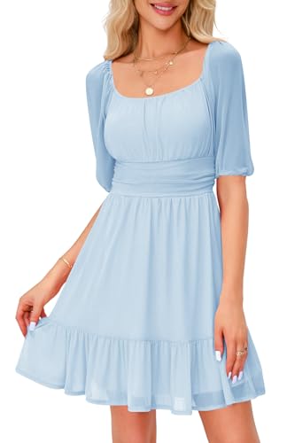 Imily Bela Damen Sommerkleid Square Neck Kurzarm Kleider Mesh Mini Strandkleid High Waist Freizeitkleid Hochzeitsgast mit Rüschen(Hellblau, M) von Imily Bela