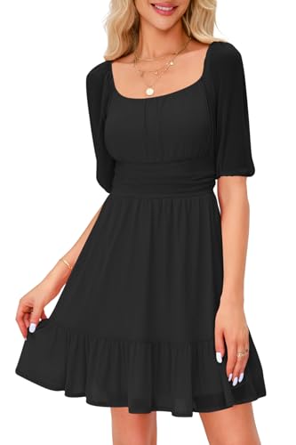 Imily Bela Damen Kleider Square Neck Partykleid Mesh Puffärmel Minikleid High Waist Falten Freizeitkleid Hochzeitsgast mit Rüschen(Schwarz, L) von Imily Bela