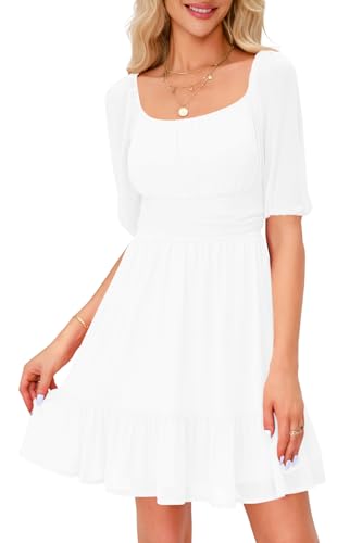 Imily Bela Damen Kleider Square Neck Partykleid Mesh Puffärmel Minikleid High Waist Falten Freizeitkleid Hochzeitsgast mit Rüschen(Weiß, L) von Imily Bela