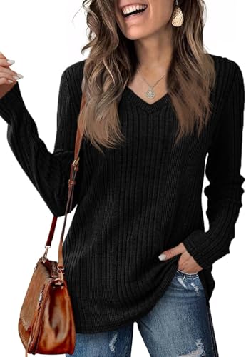 Imily Bela Damen Langarmshirt V-Ausschnitt Leicht Strickpullover Longsleeve Elegant Henly Shirts Herbst Tunika Oberteil Schwarz S von Imily Bela