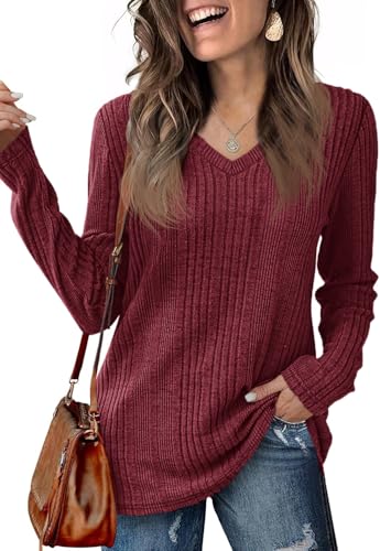 Imily Bela Damen Langarmshirt V-Ausschnitt Leicht Strickpullover Longsleeve Elegant Henly Shirts Herbst Tunika Oberteil Weinrot L von Imily Bela