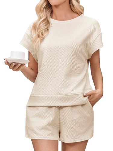 Imily Bela Damen Loungewear Set Kurzärmelige Oberteile und Shorts 2 Stück Outfits Passende Lounge Pyjama Set mit Taschen Beige M von Imily Bela