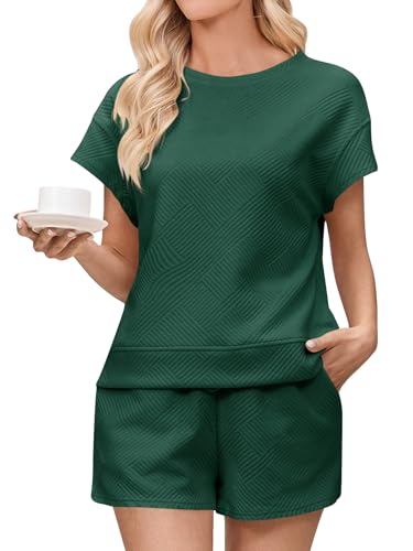 Imily Bela Damen Loungewear Set Kurzärmelige Oberteile und Shorts 2 Stück Outfits Passende Lounge Pyjama Set mit Taschen Dunkelgrün M von Imily Bela