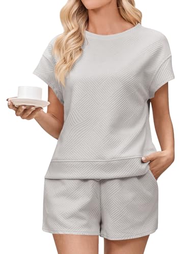 Imily Bela Damen Loungewear Set Kurzärmelige Oberteile und Shorts 2 Stück Outfits Passende Lounge Pyjama Set mit Taschen Hellgrau L von Imily Bela