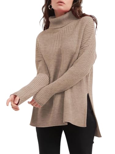 Imily Bela Damen Oversized Rollkragenpullover,Langärmeliger Tunika Pulli,Locker sitzend Winter Sweater,Rippenstrickpullover mit Seitenschlitz von Imily Bela