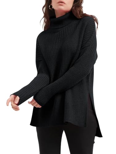 Imily Bela Damen Oversized Rollkragenpullover,Langärmeliger Tunika Pulli,Locker sitzend Winter Sweater,Rippenstrickpullover mit Seitenschlitz von Imily Bela