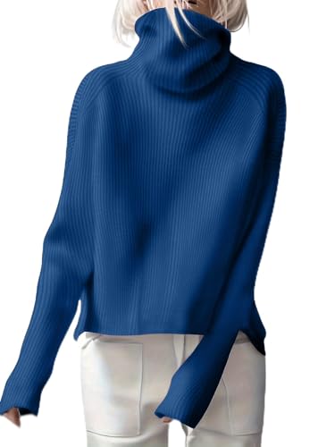 Imily Bela Damen Pullover Elegant Rollkragenpullover Langarm Tops Einfarbig Warm Winter Strickpullover Lose Grobstrick Casual Weich Jumper Sweater mit Seitenschlitz(Blau,XXL) von Imily Bela