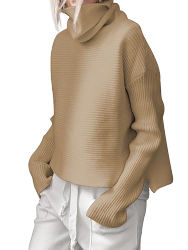 Imily Bela Damen Pullover Elegant Rollkragenpullover Langarm Tops Einfarbig Warm Winter Strickpullover Lose Grobstrick Casual Weich Jumper Sweater mit Seitenschlitz(Khaki,XXL) von Imily Bela