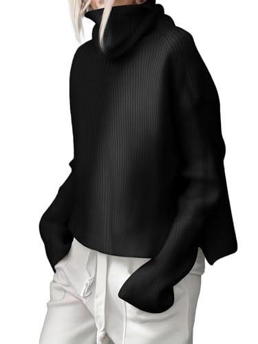 Imily Bela Damen Pullover Elegant Rollkragenpullover Langarm Tops Einfarbig Warm Winter Strickpullover Lose Grobstrick Casual Weich Jumper Sweater mit Seitenschlitz(Schwarz,XL) von Imily Bela