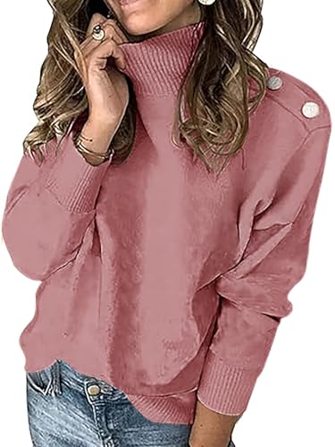 Imily Bela Damen Pullover Elegant Stehkragen Strickpullover Leichter Basic Pulli Winter Lange Ärmel Gemütliche Gestrickte Passform mit Metallknöpfen(Rosa,S) von Imily Bela
