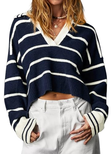 Imily Bela Damen Pullover Gestreift V-Ausschnitt Strickpullover Polokragen Cropped Pulli Locker(Blau,M) von Imily Bela