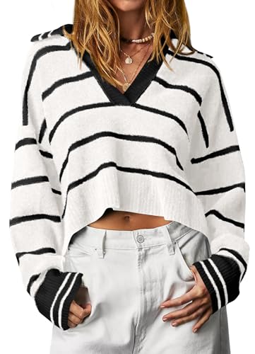 Imily Bela Damen Pullover Gestreift V-Ausschnitt Strickpullover Polokragen Cropped Pulli Locker(Weiß,L) von Imily Bela