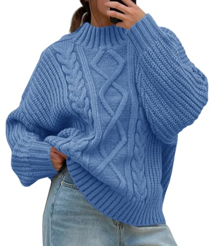 Imily Bela Damen Pullover Oversized Rollkragen Strickpullover mit Seitenknöpf Lose Grobstrick Pulli Casual Fledermaus Sweater,Blau,XL von Imily Bela
