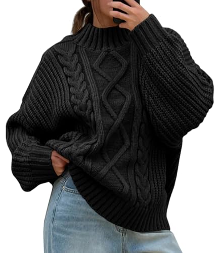 Imily Bela Damen Pullover Oversized Rollkragen Strickpullover mit Seitenknöpf Lose Grobstrick Pulli Casual Fledermaus Sweater,Schwarz,S von Imily Bela