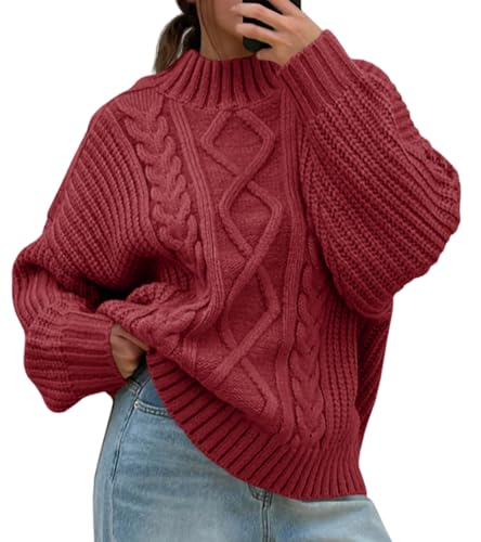 Imily Bela Damen Pullover Oversized Rollkragen Strickpullover mit Seitenknöpf Lose Grobstrick Pulli Casual Fledermaus Sweater,Weinrot,M von Imily Bela