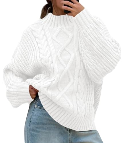 Imily Bela Damen Pullover Oversized Rollkragen Strickpullover mit Seitenknöpf Lose Grobstrick Pulli Casual Fledermaus Sweater,Weiß,XXL von Imily Bela