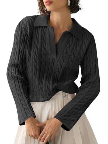 Imily Bela Damen Pullover Strickpullover Langarm Top Shirt Cable Knit Elegant Tops V-Ausschnitt Pulli Sweatshirt von Imily Bela