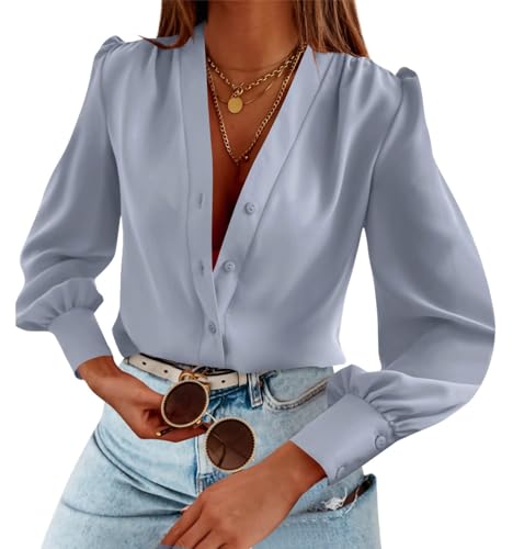 Imily Bela Damen Satin Bluse V-Ausschnitt Button-down Blusen Langarm Elegant Shirts Elegant Chiffon Hemd, Blau, S von Imily Bela