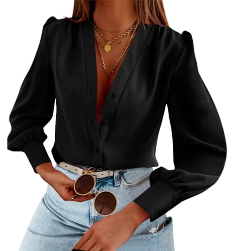 Imily Bela Damen Satin Bluse V-Ausschnitt Button-down Blusen Langarm Elegant Shirts Elegant Chiffon Hemd, Schwarz, XXL von Imily Bela