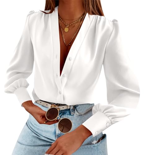 Imily Bela Damen Satin Bluse V-Ausschnitt Button-down Blusen Langarm Elegant Shirts Elegant Chiffon Hemd, Weiß, M von Imily Bela