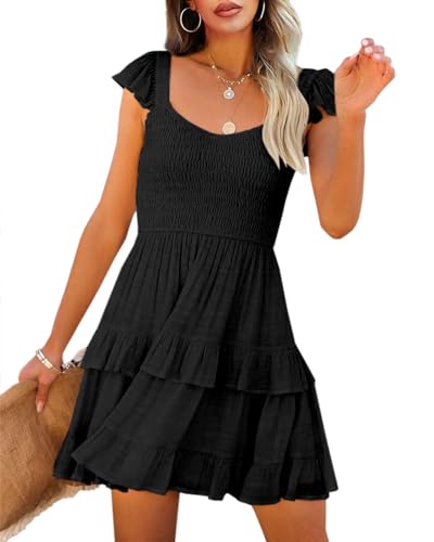 Imily Bela Damen Sommerkleid Elegant Rüschen Ärmellos Minikleid Gesmokt A-Linie High Waist U-Auschnitt Kleid(Schwarz, M) von Imily Bela