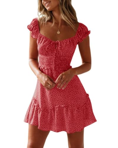 Imily Bela Damen Sommerkleid Rüschen Swing Strandkleid Elegant A-Linie Minikleid High Waist Kleid mit Kordelzug(Weinrot, M) von Imily Bela