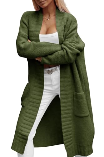 Imily Bela Damen Strickjacke mit Taschen Lang Grobstrick Cardigan Herbst Strickmantel Winter Open Front Pullover(Armeegrün, L) von Imily Bela