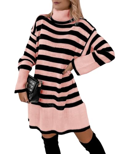 Imily Bela Damen Strickkleid Gestreift Rollkragen Pulloverkleid Langarm Elegant Kleid Winter Knielang Locker(Rosa,S) von Imily Bela
