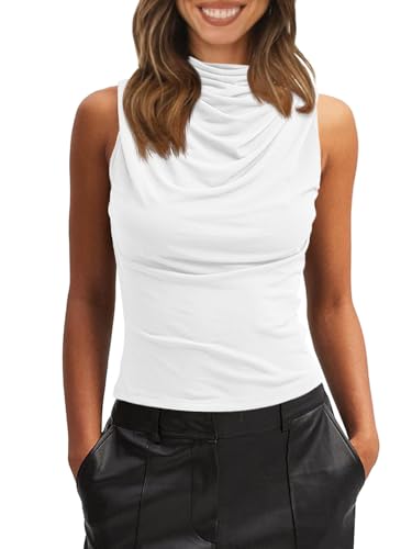 Imily Bela Damen Tank Top Ruched Stehkragen Tops Sexy Ärmellos T-Shirts Sommer Wasserfall Camisole Oberteil(Weiß, XL) von Imily Bela