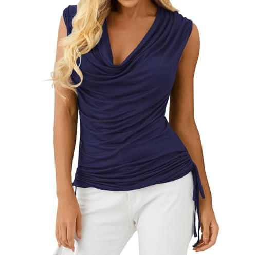 Imily Bela Damen Tank Top Tiefer V-Ausschnitt Tops Wasserfall Ärmellos T-Shirts Sommer Falten Oberteil mit Kordelzug(Navy, XXL) von Imily Bela