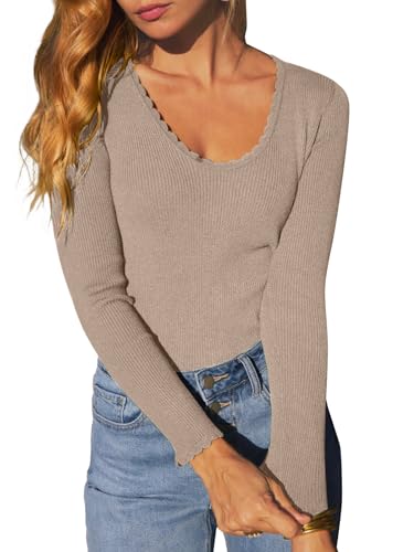 Imily Bela Dünn Pullover Damen mit Rundhalsausschnitt Strickpullover Fein Gestrickter Leinwandbindung Langarmshirt Slim fit Einfarbig Oberteile（Khaki,L von Imily Bela